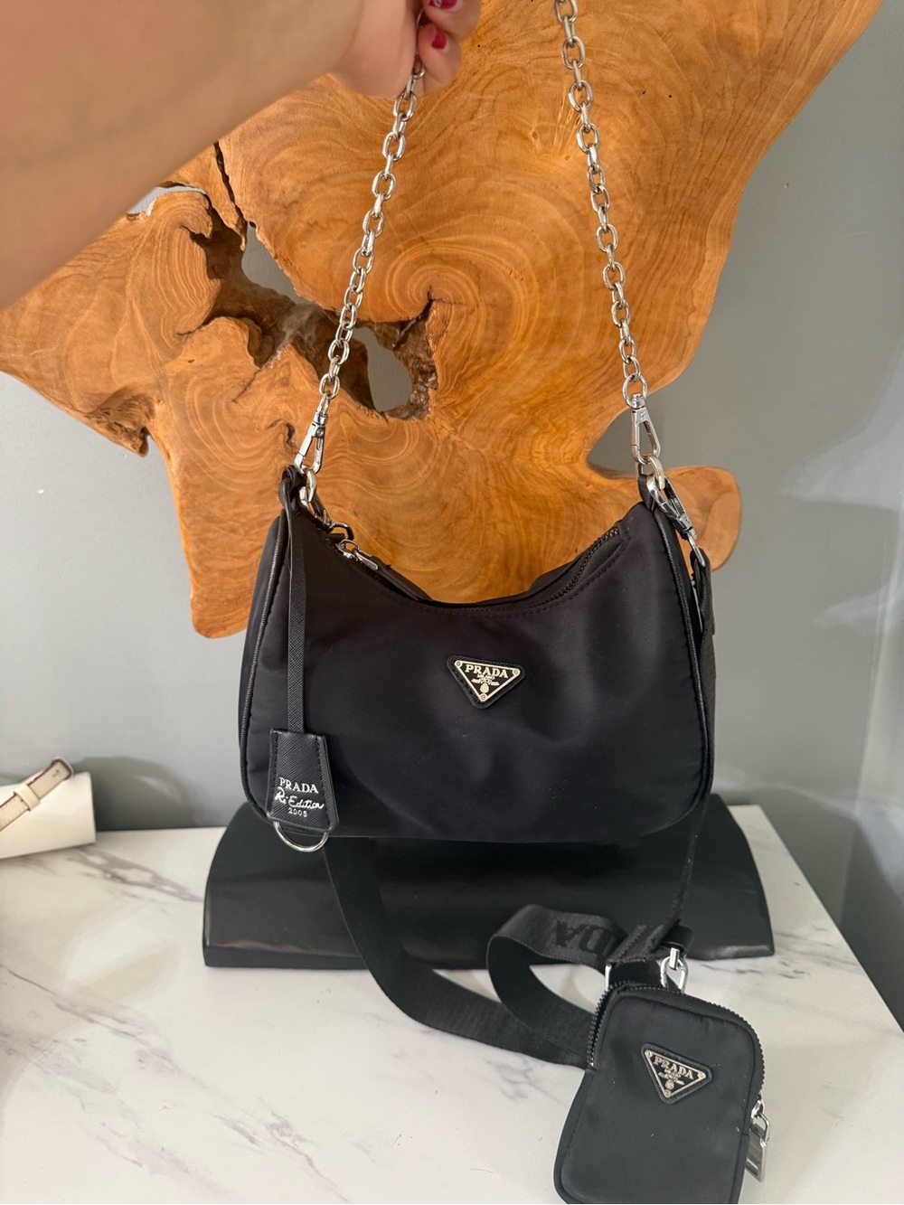 Prad* Black Nylon Chain-Handle Shoulder Bag